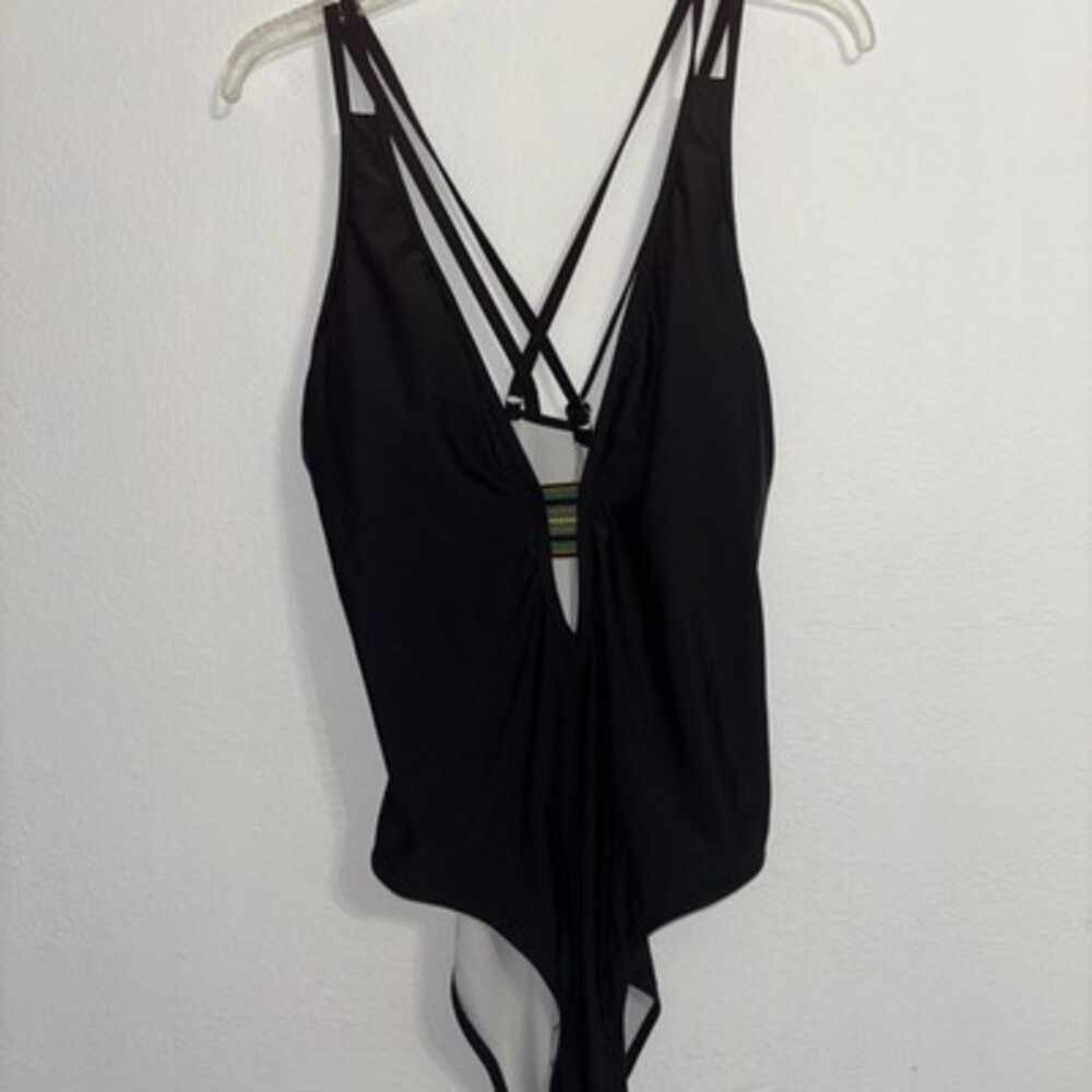 Shein Black One Piece Swimsuit Rainbow Strappy Back Plus Size 1X NEW